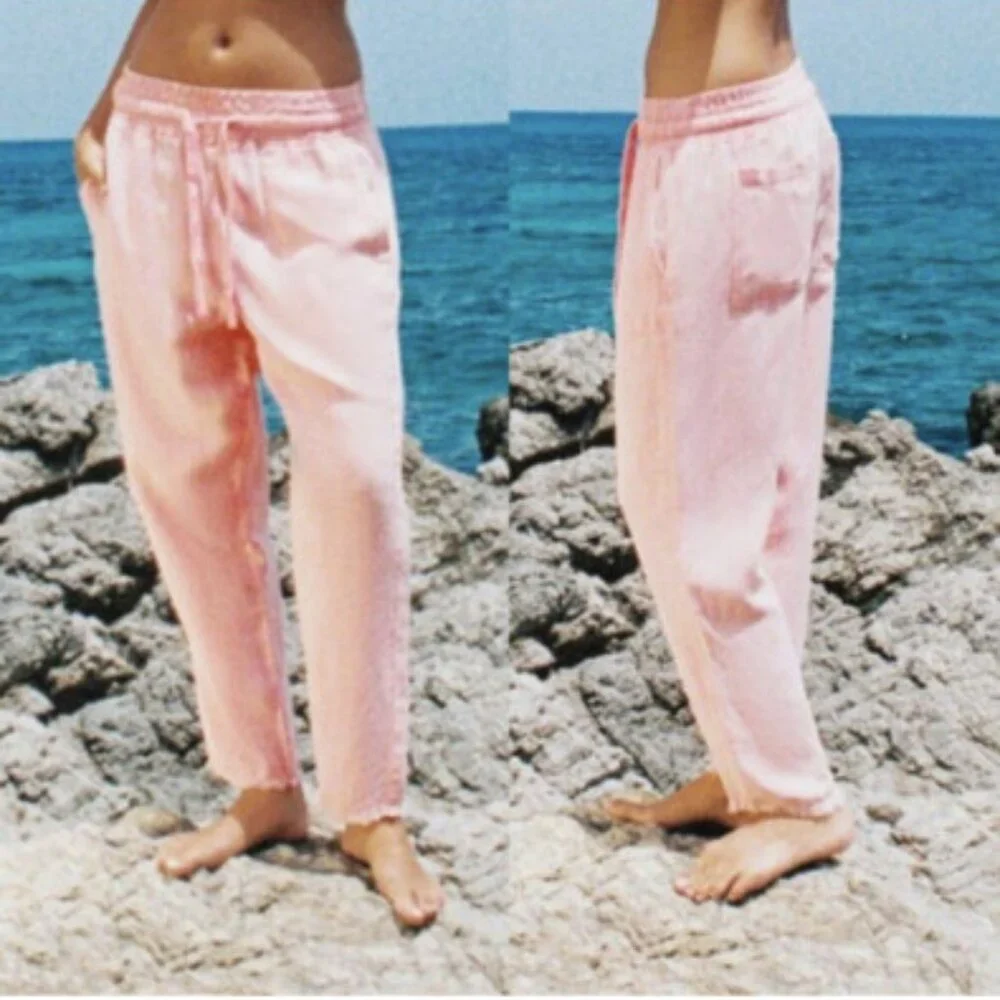 Zara Raw Hem Trousers Pink Linen Blend High Rise Utility Joggers